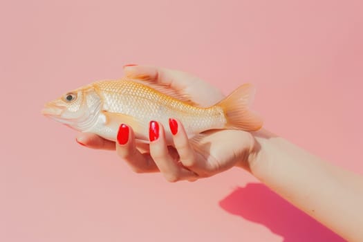 Woman's hand holding red nail polish fish on pink background beauty and fashion concept