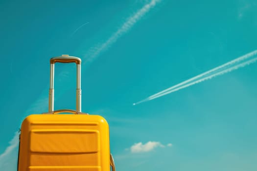 Traveler's adventure yellow suitcase in grassy field with jet plane flying in the sky