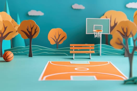 Basketball court scene with trees, bench, and ball in paper cutout design for sports and recreation concept