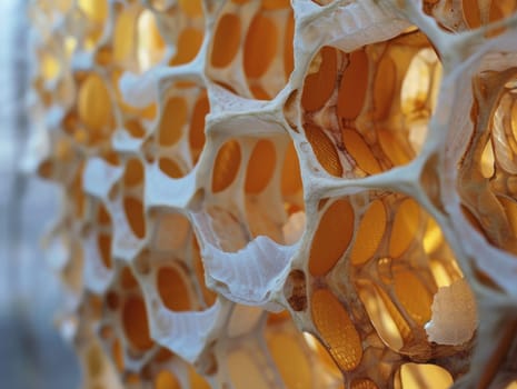 Inside a beehive closeup view of honeycombs in nature, beekeeping, agriculture, sustainable farming and environment concept