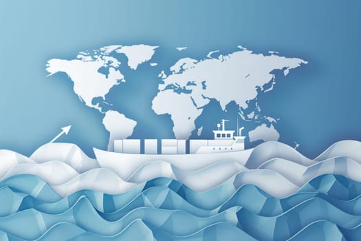 World map floating in ocean with cargo ship on top paper art illustration for travel and business concept