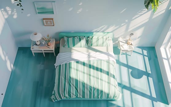 Serenity in the sky cozy bedroom with green striped bed and window view for travel and relaxation concept