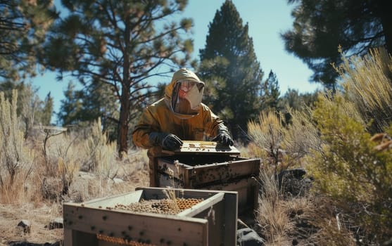 An apiarist inspects a beehive framed by lush greenery in a vibrant spring setting. The focus and care in maintaining bee health and honey production are evident in the meticulous work