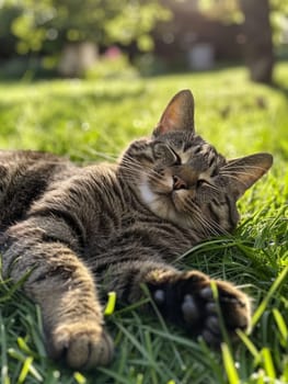 A striped tabby cat lies contentedly on its back in the fresh morning grass, eyes closed in a moment of serene repose under the soft morning sunlight