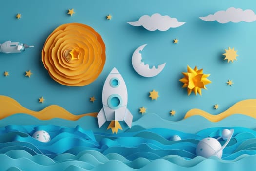 Rocket ship flying over ocean with clouds, sun, moon and stars in paper art travel scene