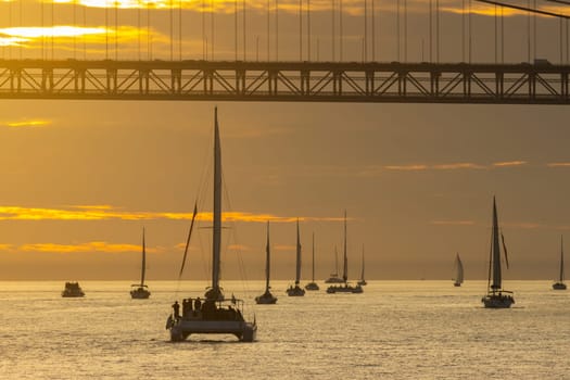 Sailing boats are sailing in the sea by the bridge at orange sunset. Mid shot