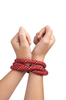 a girl with her hands tied by a rope on a transparent background