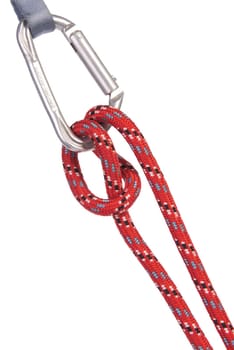 a red climbing rope knotted on a carabiner on a transparent background