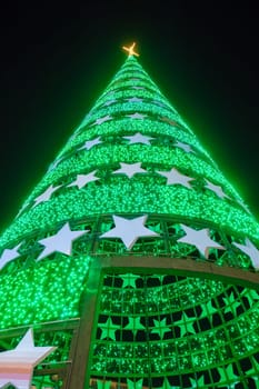Main Christmas tree of Lisbon, Portugal on Commerce square at night