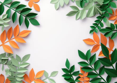 Circle of green and orange leaves nature inspired background with copy space for travel, beauty, and art concepts