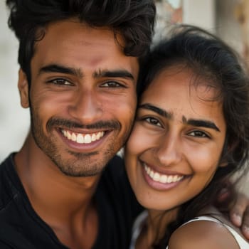 With beaming smiles and an affectionate embrace, this Indian couple exudes warmth and happiness in their close bond