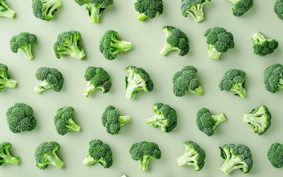 Fresh broccoli heads arranged in a pattern on vibrant green background for healthy eating and cooking concept