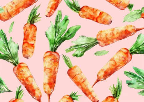 Watercolor seamless pattern with fresh carrots on pink background, ideal for kitchenthemed designs