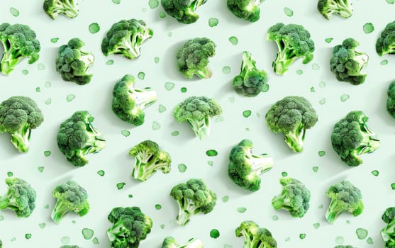 Fresh broccoli pattern with water droplets on white background for healthy eating and nutrition concept