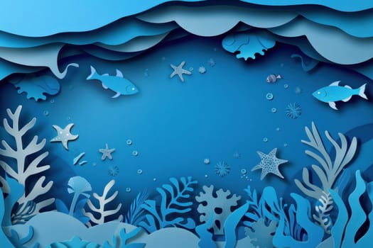 Underwater scene with fish, corals and other sea creatures in paper art style tranquil aquatic beauty expedition