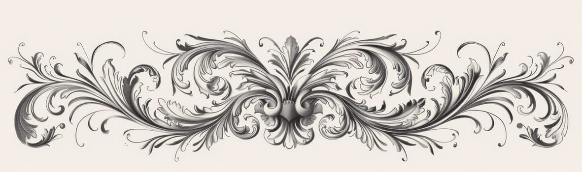 Baroque-style decorative elements with detailed floral patterns and elegant swirls in monochromatic tones.