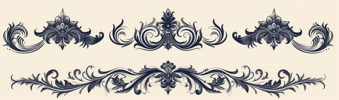 Vintage-inspired ornamental design featuring elaborate floral motifs and swirling patterns on a beige background