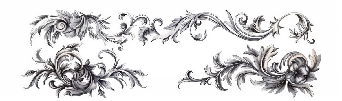 Elegant black and white illustration of symmetrical flourish designs with intricate patterns and swirls