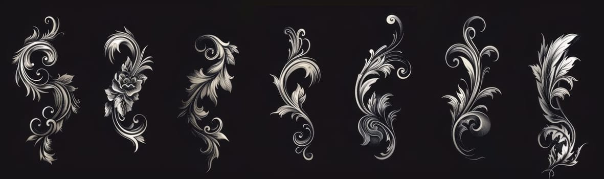 Collection of black flourish artwork with ornate floral designs and elegant curves presented on a dark background.