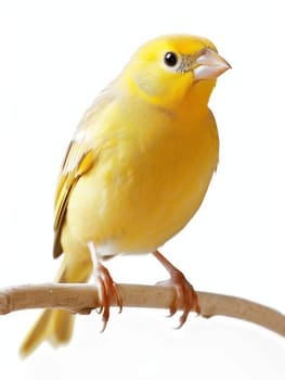Close-up image of a vibrant yellow canary perched gracefully on a branch, isolated on a white background, showcasing its delicate feathers and peaceful demeanor