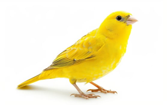Close-up of a bright yellow canary in profile against a white background, showcasing its delicate features and vibrant plumage