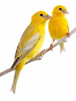 Two vibrant yellow canaries perching side by side on a slender branch, with a white background