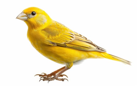 Close-up of a bright yellow canary in profile against a white background, showcasing its delicate features and vibrant plumage