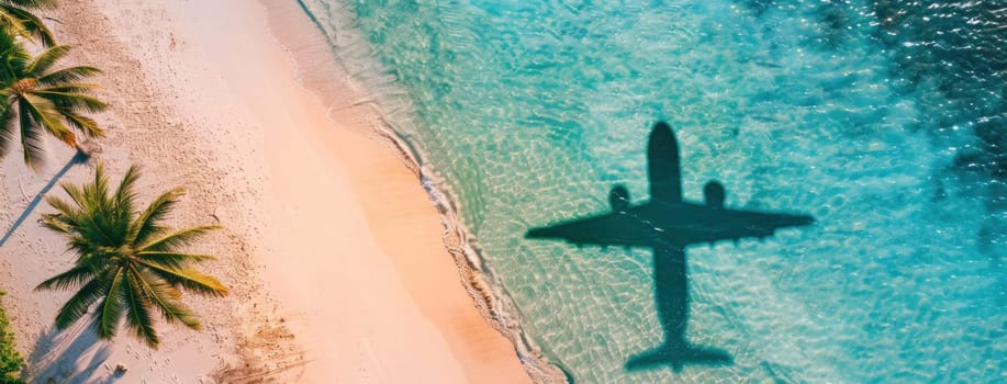 Tropical paradise aerial view of airplane flying over beach and palm trees in the ocean for travel and vacation theme