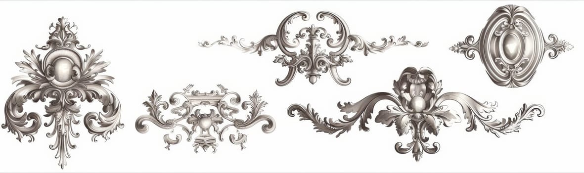 Intricately designed baroque flourish artwork, showcasing elegant curves and detailed motifs in a monochromatic scheme.