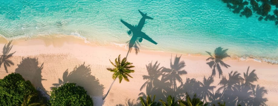 Travel concept with a scenic aerial view of an airplane flying over a tropical beach landscape