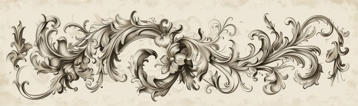 Monochrome swirls and floral patterns stretching across a dark background in a seamless design.