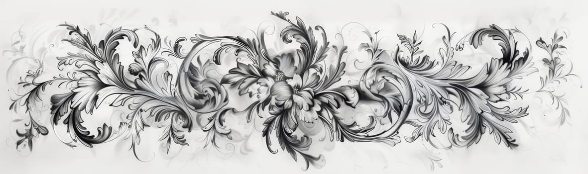 Intricately designed baroque flourish artwork, showcasing elegant curves and detailed motifs in a monochromatic scheme.