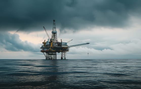 Atmospheric view of an offshore oil rig during a rain shower at sunset, with the sun reflecting on the calm sea