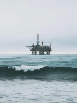 An offshore oil platform stands in stark contrast to the calm sea, with waves gently breaking in the foreground under an overcast sky