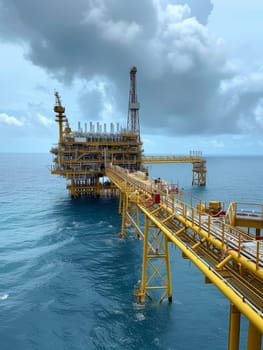 Atmospheric view of an offshore oil rig during a rain shower at sunset, with the sun reflecting on the calm sea