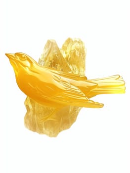 A glossy golden bird figurine perched atop a crystal structure, reflecting luxury and elegance