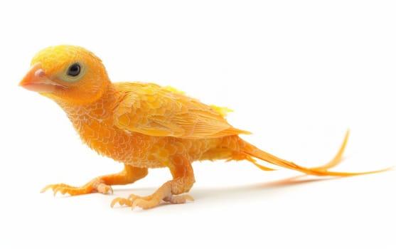 Unique hybrid creature with a blend of bird and reptile features, covered in bright orange feathers - canary chick