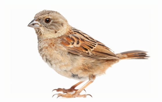 Side profile of a sparrow isolated on a white background, showing detailed plumage and natural colors