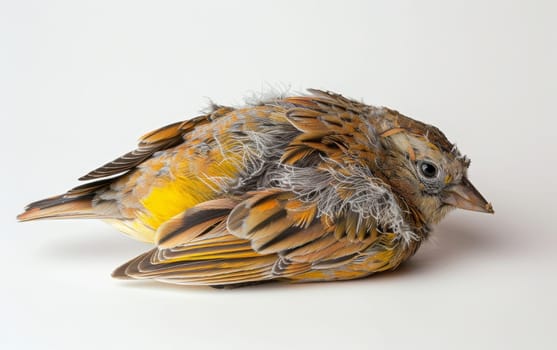 An injured sparrow lying on a white surface, showcasing its delicate condition and vulnerability