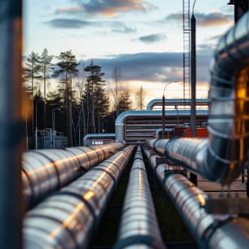 A network of industrial pipes silhouetted against a vibrant sunset, signifying energy transportation