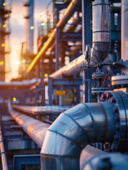 A network of industrial pipes silhouetted against a vibrant sunset, signifying energy transportation