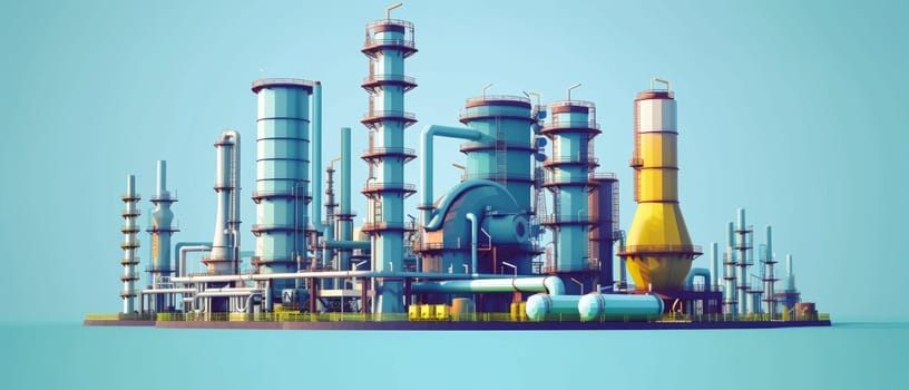 Digital illustration of an industrial plant with towering stacks and complex piping, rendered in a stylized colorful design