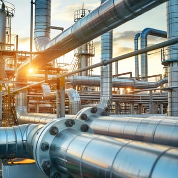 Sharp image of industrial pipes and distillation towers at a processing facility, with a clear sky background