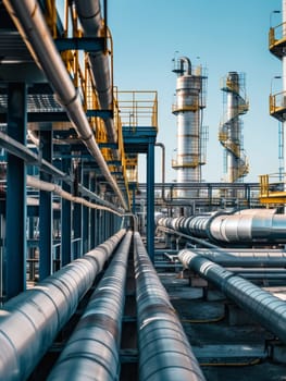 Sharp image of industrial pipes and distillation towers at a processing facility, with a clear sky background