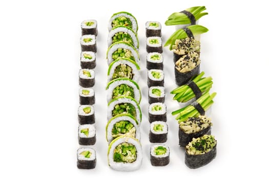 Collection of vegetarian sushi rolls, featuring makizushi, uramaki, nigiri and gunkan-maki with avocado, cucumbers, hiyashi wakame and green lettuce topped with sesame, arranged on white background