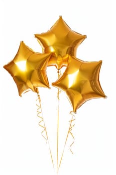 A bunch of shiny golden star-shaped balloons with festive ribbons on a white background