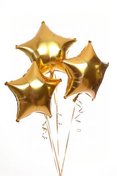 A bunch of shiny golden star-shaped balloons with festive ribbons on a white background