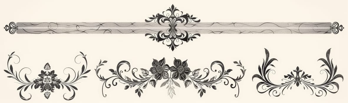 Wide, panoramic vintage ornamental design with intricate floral patterns on a cream background