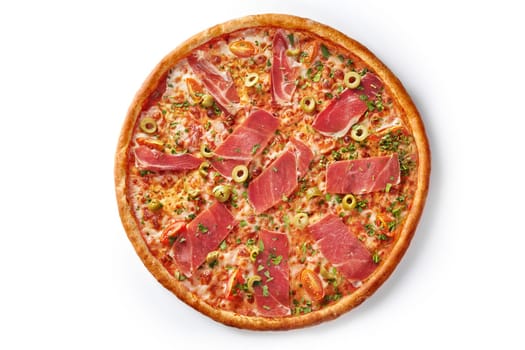 Classic Italian pizza with pelati sauce and melted mozzarella topped with slices of prosciutto, green olives, cherry tomatoes, and sprinkled with fresh parsley, top view isolated on white