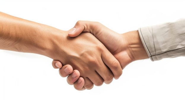 Two professionals in business attire engaging in a confident handshake, set against a white backdrop.